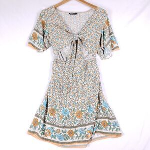 SHEIN Boho Floral Maxi Dress L Tie Front Short Sleeve Cottagecore Prairie‎ Style